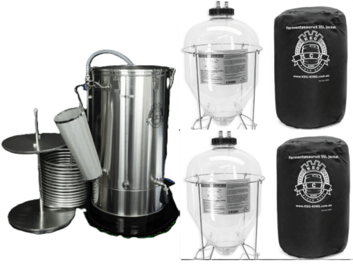 Guten 70 liters komplet brygsystem og 2 Fermentasaurus – Snub Nose – 35 liter + 2 isoleringskapper
